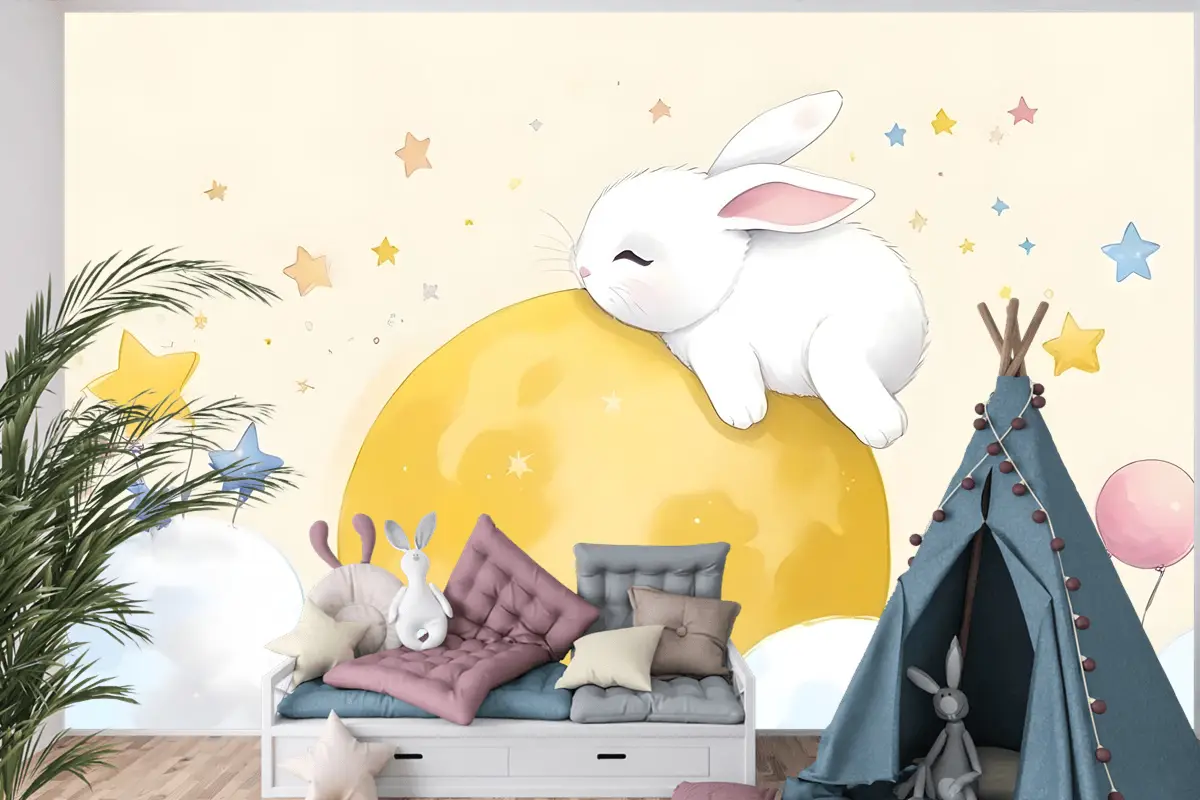 Bebek Karikatür Tavşan Ve Sarı Ay Çocuk Odası Duvar Kağıdı