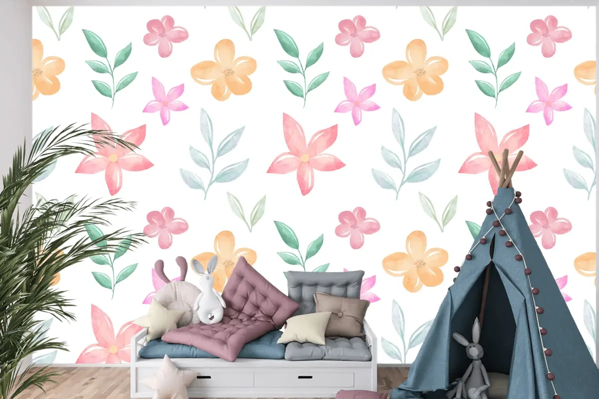 Yumuşak Renklerle Arka Plan Çiçek Suluboya Çocuk Odası Duvar Kağıdı