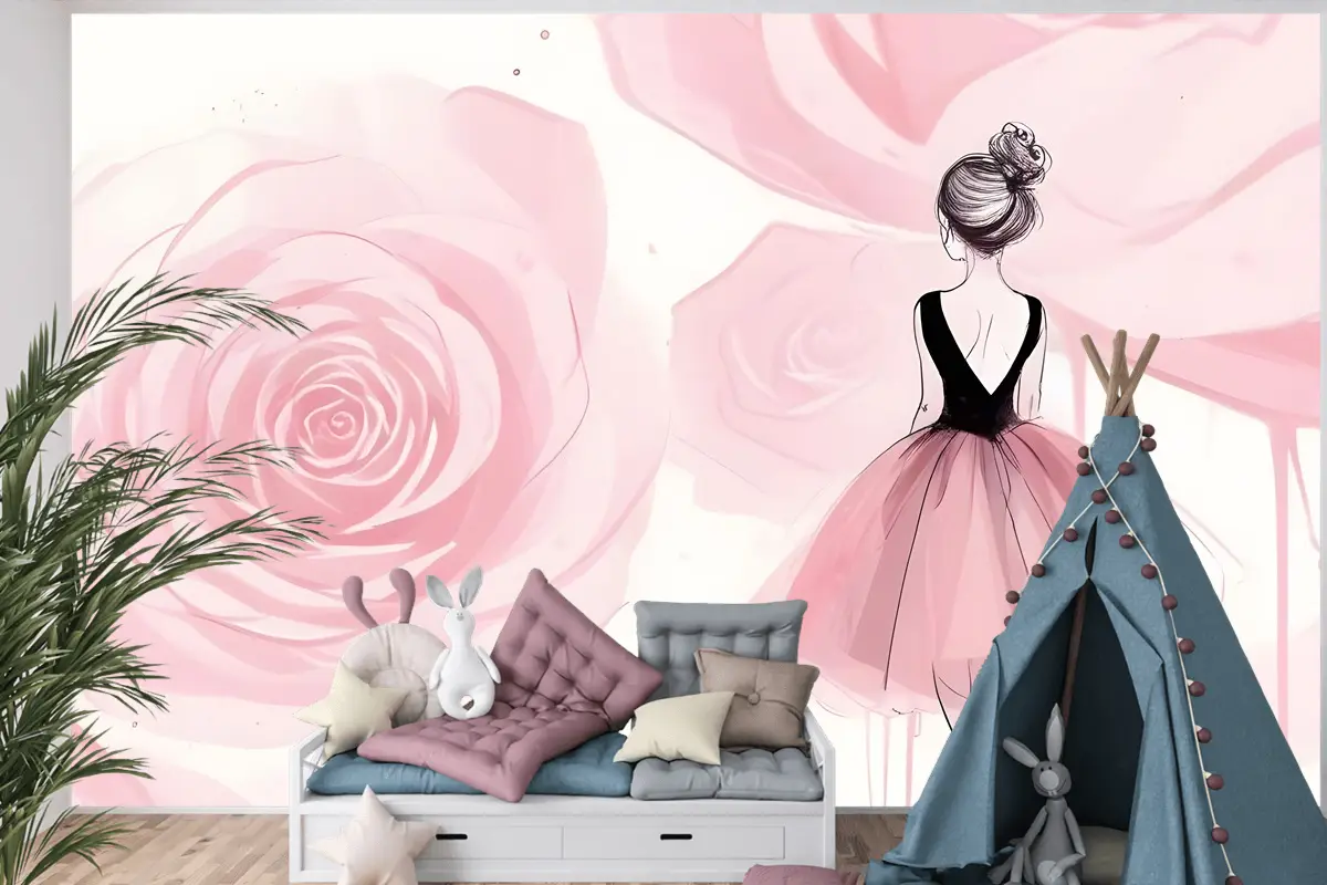Balerin Kız Ve Pembe Güller Çocuk Odası Duvar Kağıdı