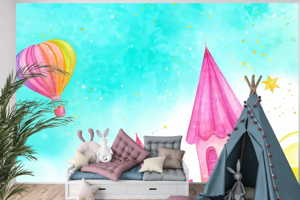 Uçan Bir Peri Masalı Suluboya Çocuk Odası Duvar Kağıdı Ile Balon