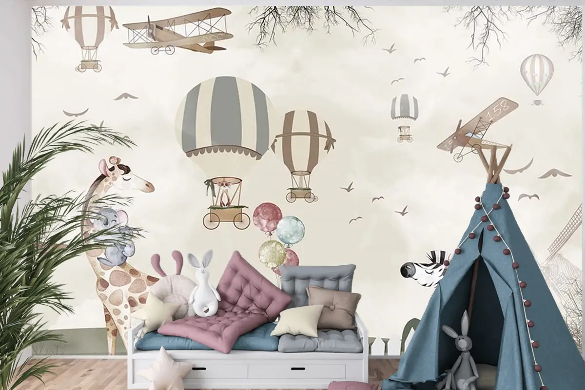 Balonlar Uçaklar Sevimli Hayvanlar Çocuk Kağıdı