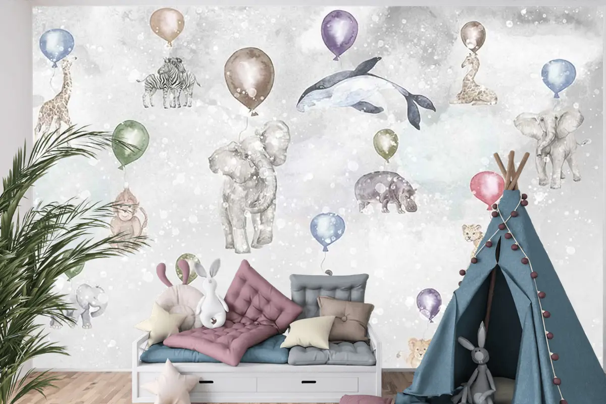 Balonlar Ve Sevimli Hayvanlar Çocuk Odası Duvar Kağıdı