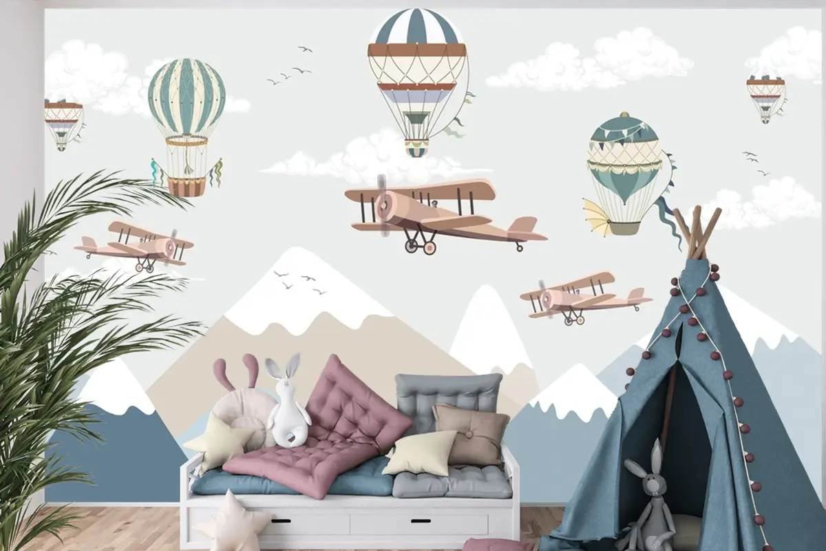 Balonlar Ve Uçaklar Ile Dağlar Çocuk Odası Duvar Kağıdı