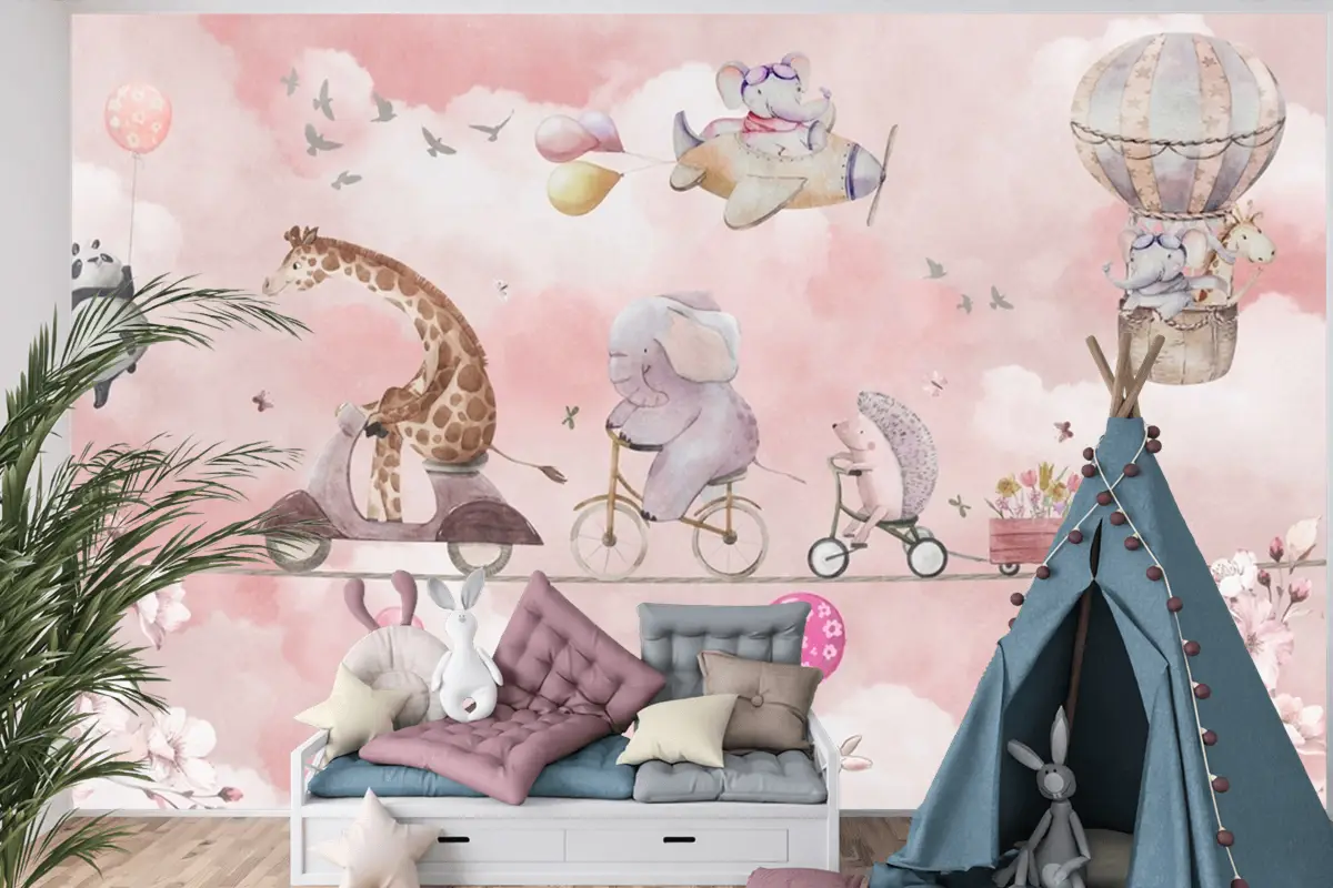 Balonlu Bisikletli Hayvanlar Suluboya Pembe Çocuk Odası Duvar Kağıdı