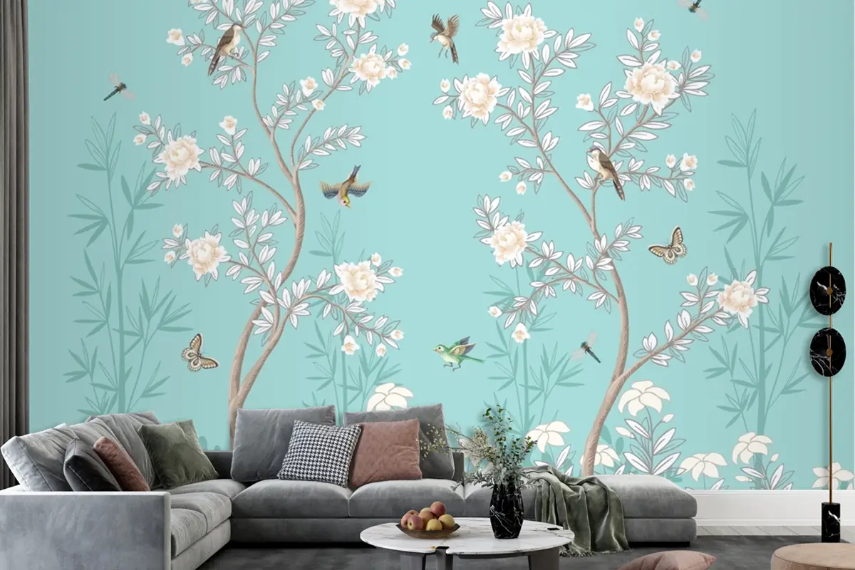 Şakayık Ve Kuşlarla Chinoiserie  Turkuaz Duvar Kağıdı