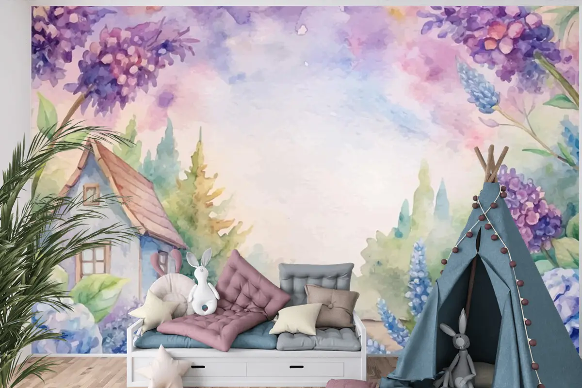 Güzel Rustik Çiçek Suluboya Arka Plan Çocuk Odası Duvar Kağıdı 