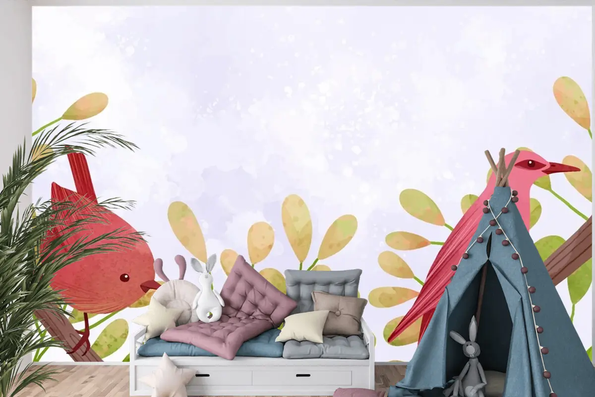 Dallarda Oturan Kuşların Güzel Suluboya Çocuk Odası Duvar Kağıdı