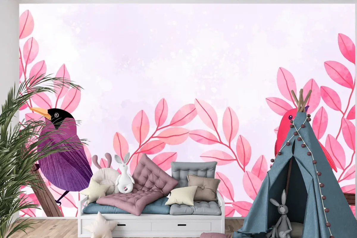 Dallarda Oturan Kuşların Güzel Suluboya Çocuk Odası Duvar Kağıdı