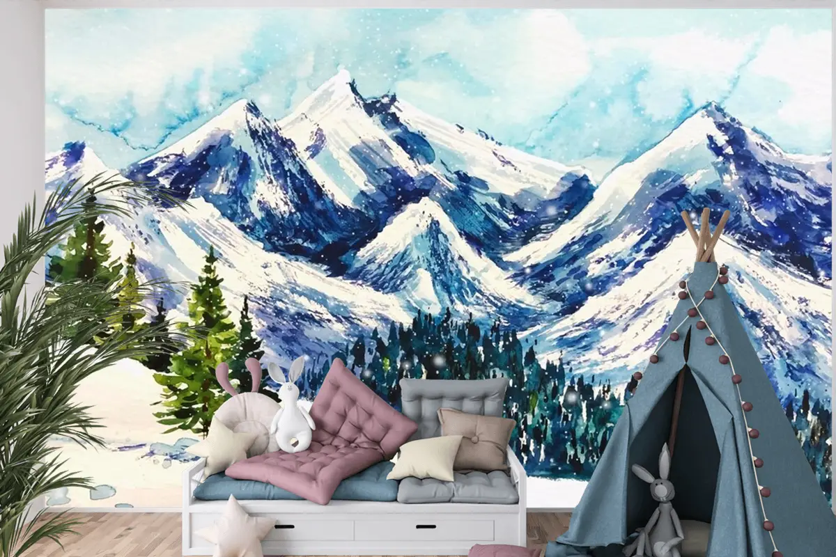 Suluboya Arka Planda Güzel Kış Manzarası Çocuk Odası Duvar Kağıdı