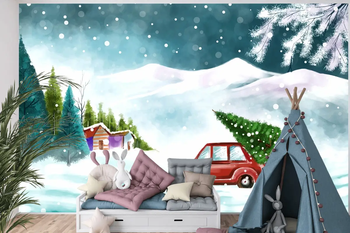Karlı Noel Ağacında Arabayla Güzel Kış Manzarası Çocuk Odası Duvar Kağıdı