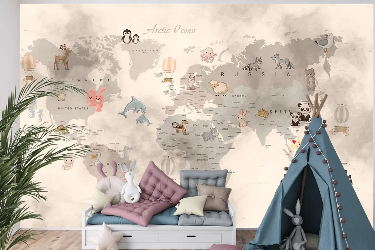 Bebek Hayvanlar Dünya Haritası Eğitici Çocuk Odası Duvar Kağıdı