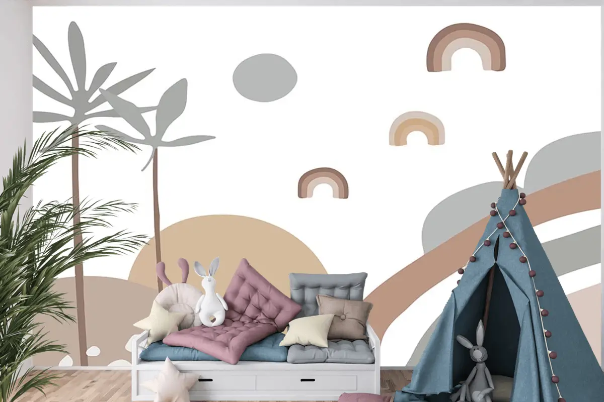 Çizim Palmiye Güneş Çocuk Odası Duvar Kağıdı