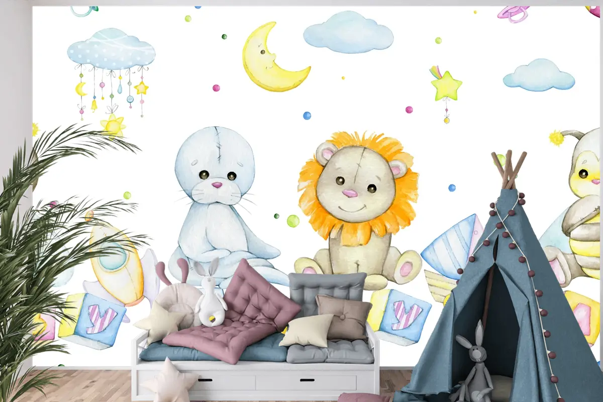 Arı Aslan Mühür Küpleri Harflerle Ay Yıldız Bulutlar Çocuk Odası Duvar Kağıdı