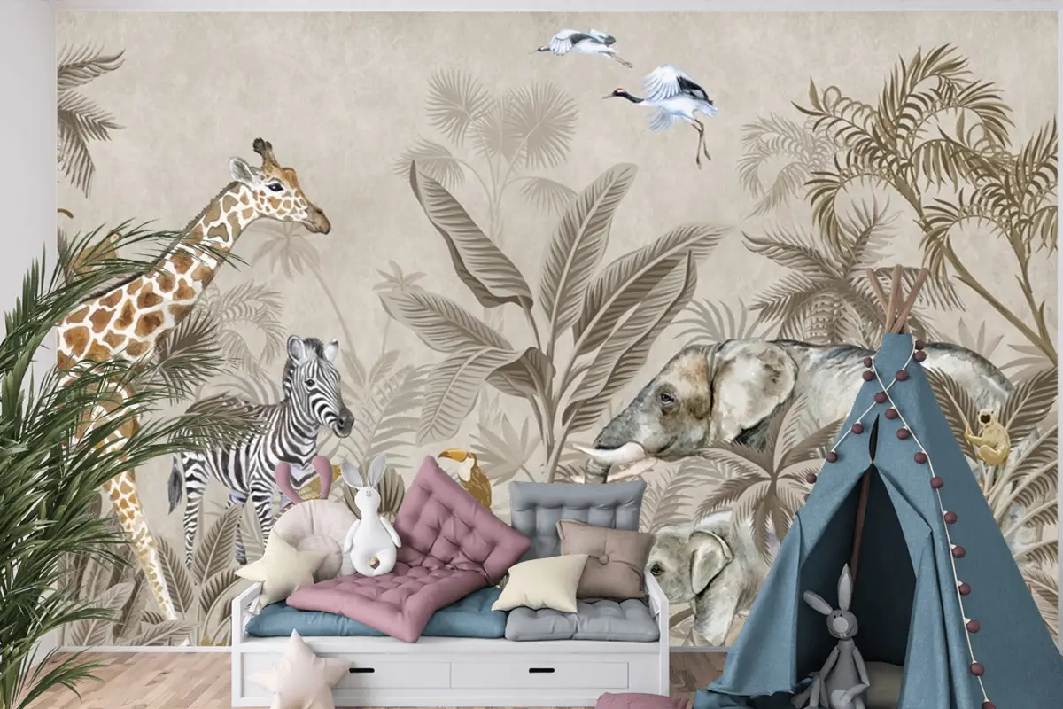 Bej Suluboya Safari Hayvanları Çocuk Odası Duvar Kağıdı