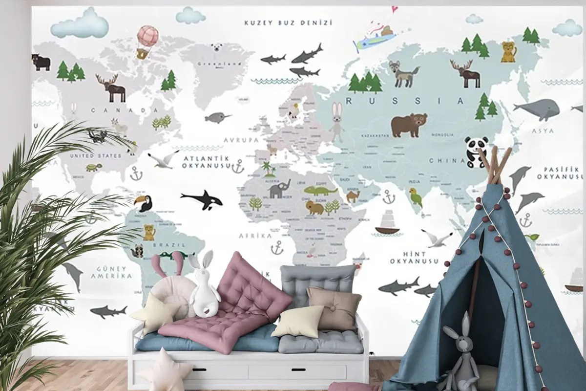Beyaz Zemin Çocuk Odası Dünya Haritası