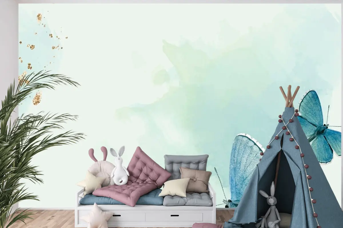 Mavi Kelebekler Desenli Arka Plan Çocuk Odası Duvar Kağıdı