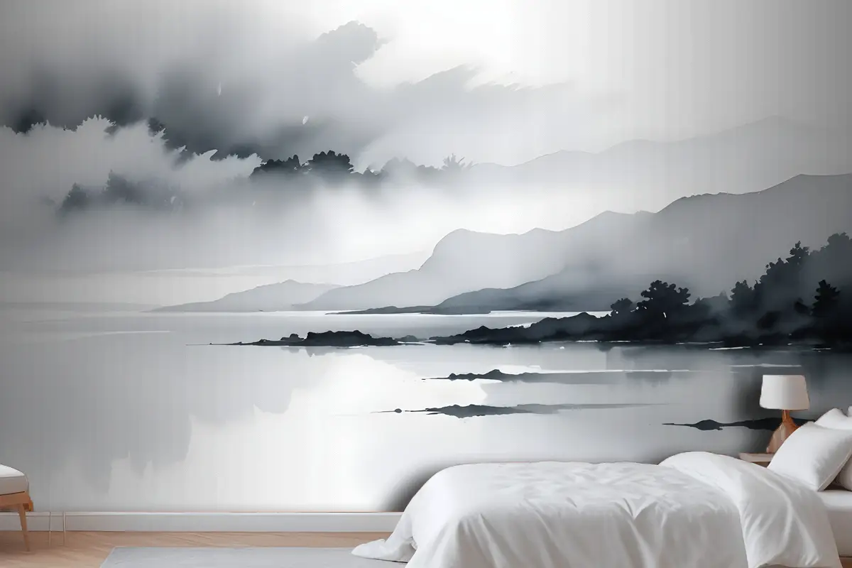 Mavi Gri Suluboya Göl Manzarası Yatak Odası Duvar Kağıdı