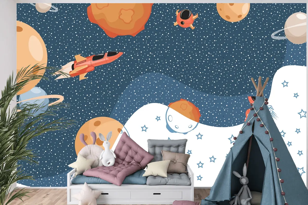 Cosmos Gezegenler Uzay Gemileri Ve Yıldızlar Çizim Çocuk Odası Duvar Kağıdı