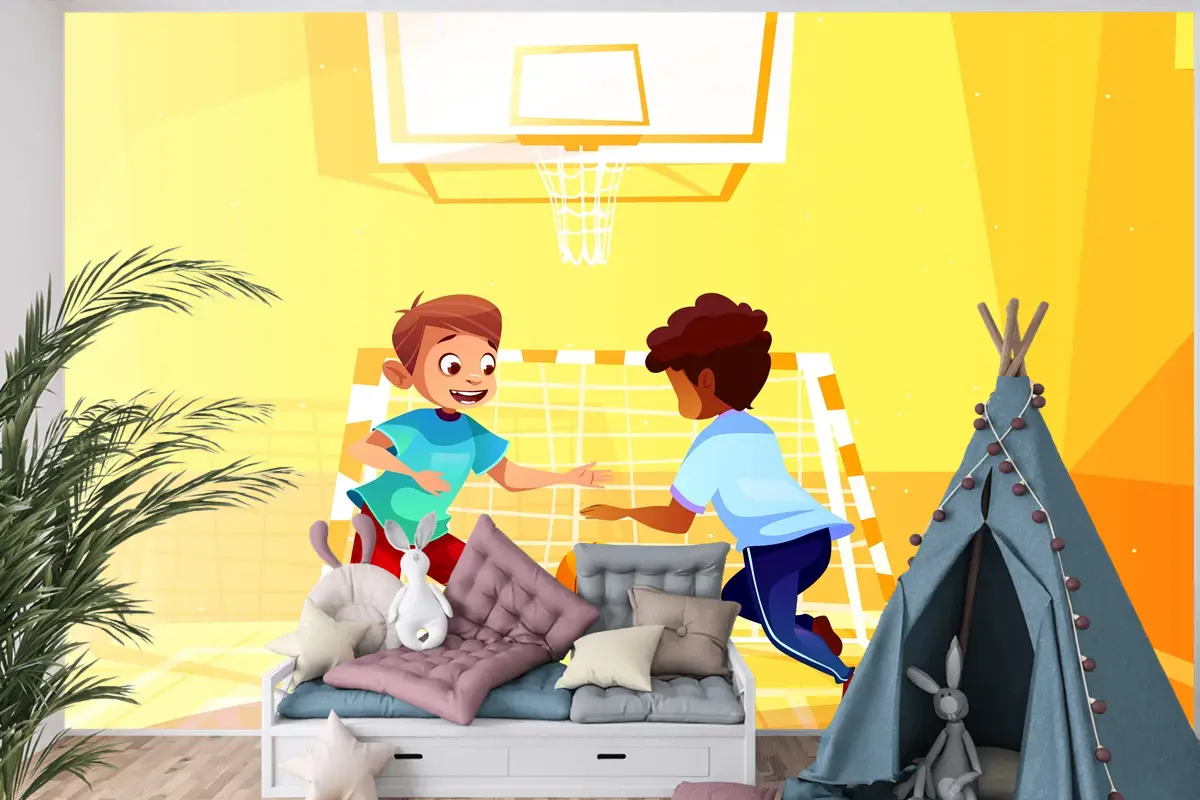 Okulda Topla Basketbol Oynayan Çocuk Odası Duvar Kağıdı