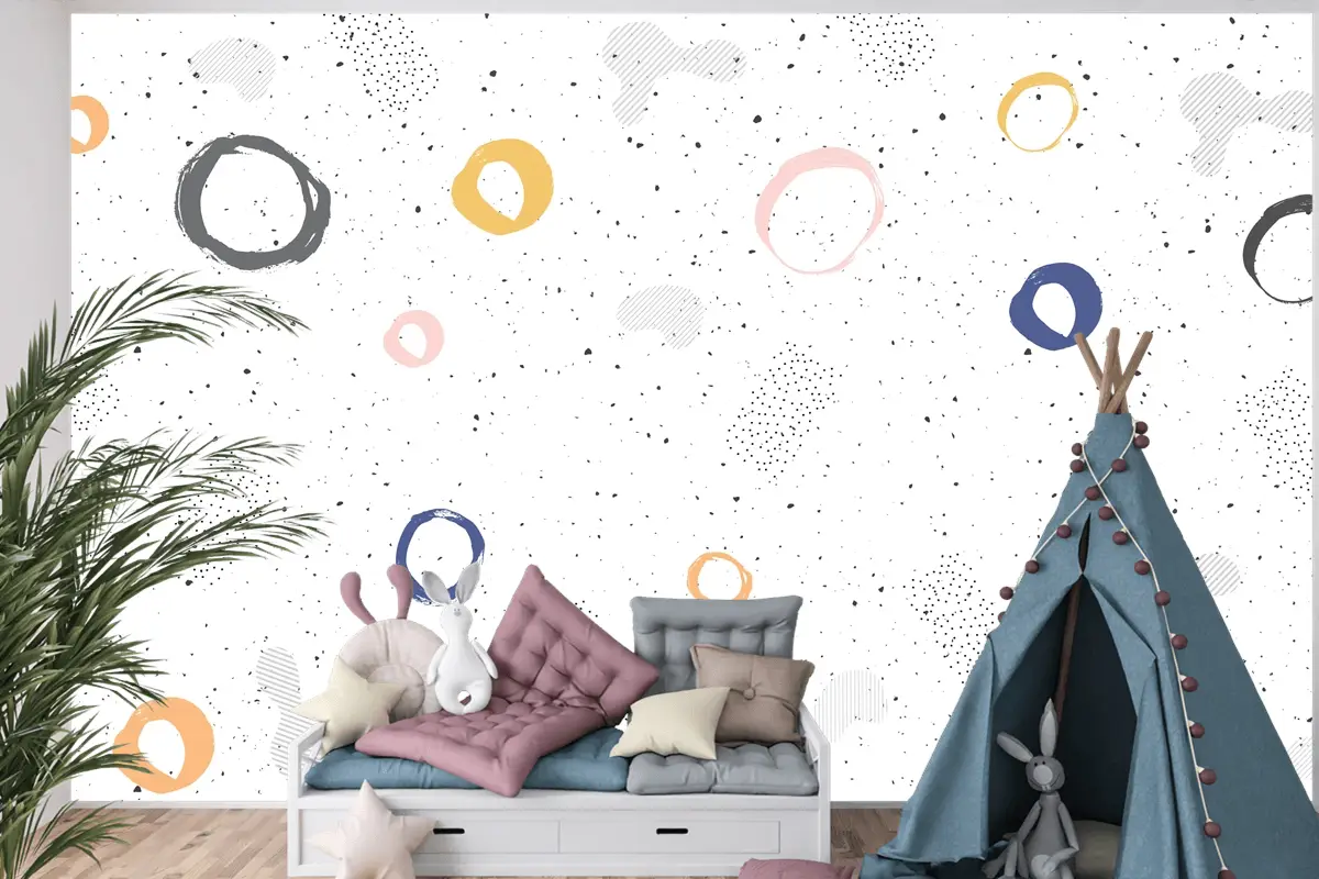 Fırça Dairesel Kontur Suluboya Çocuk Odası Duvar Kağıdı 