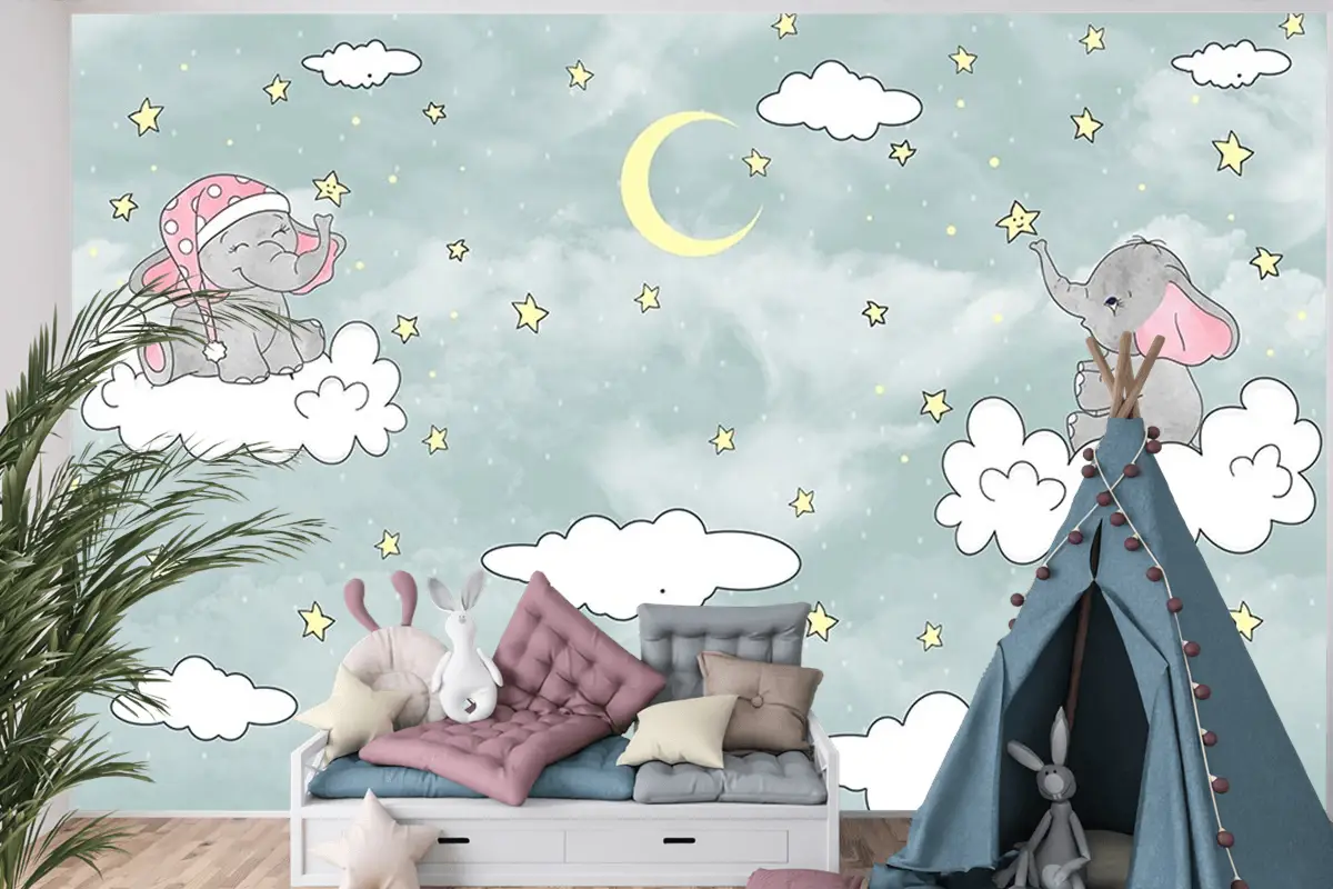 Bulut Üzerinde Sevimli Filler Duvar Kağıdı