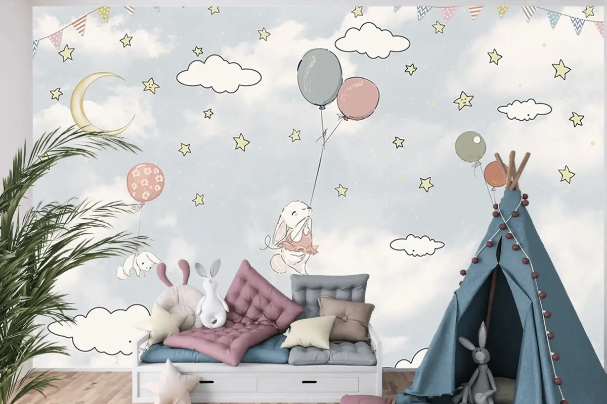 Bulutlar Arasında Balonlar Ve Tavşanlar Çocuk Odası Duvar Kağıdı
