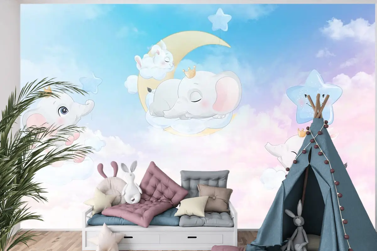 Bulutlar Üzerinde Mutlu Filler Çocuk Odası Duvar Kağıdı