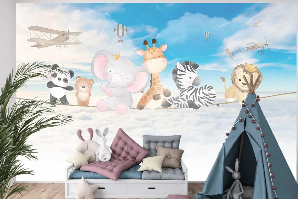 Bulutlar Üzerinde Mutlu Ve Sevimli Hayvanlar Çocuk Odası Duvar Kağıdı