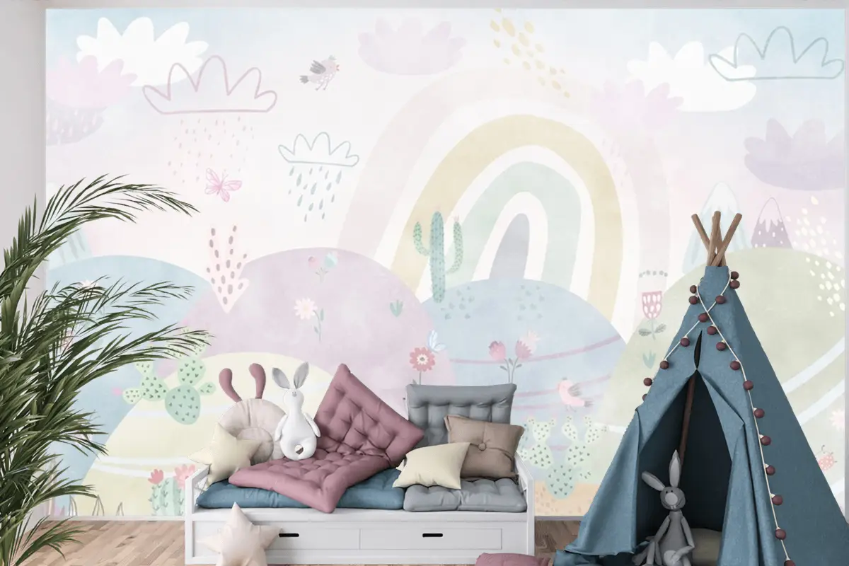 Bulutlar Ve Gökkuşağı Çocuk Odası Duvar Kağıdı