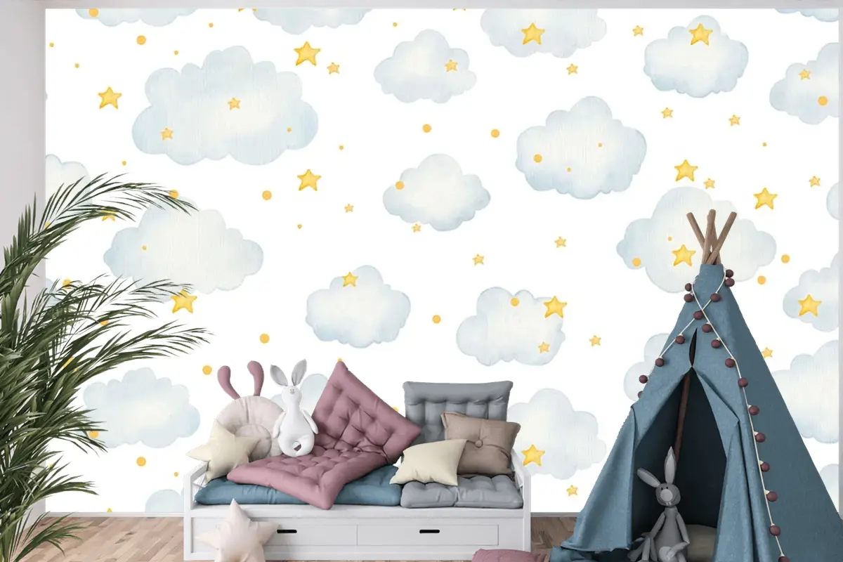 Bulutlu Ve Yıldızlı Çocuk Odası Duvar Kağıdı