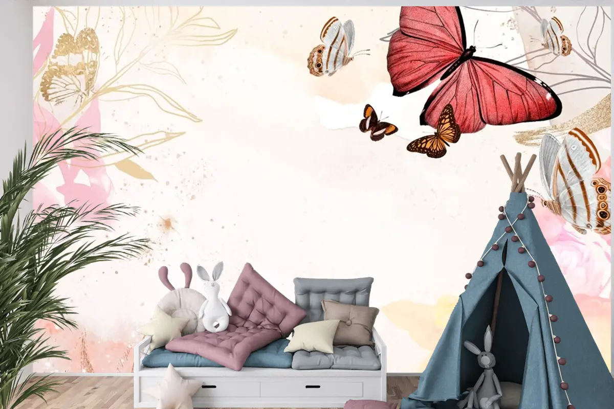 Kelebek Arka Plan Estetik Sınır Çiçekli Çocuk Odası Duvar Kağıdı