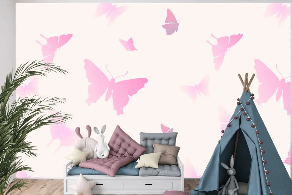 Kelebek Desenli Kadınsı Pembe Estetik Çocuk Odası Duvar Kağıdı