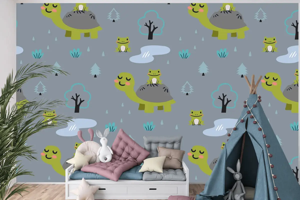 Sevimli Anne Kaplumbağa Ve Kurbağalar Ile Karikatür Hayvanlar Desen Çocuk Odası Duvar Kağıdı