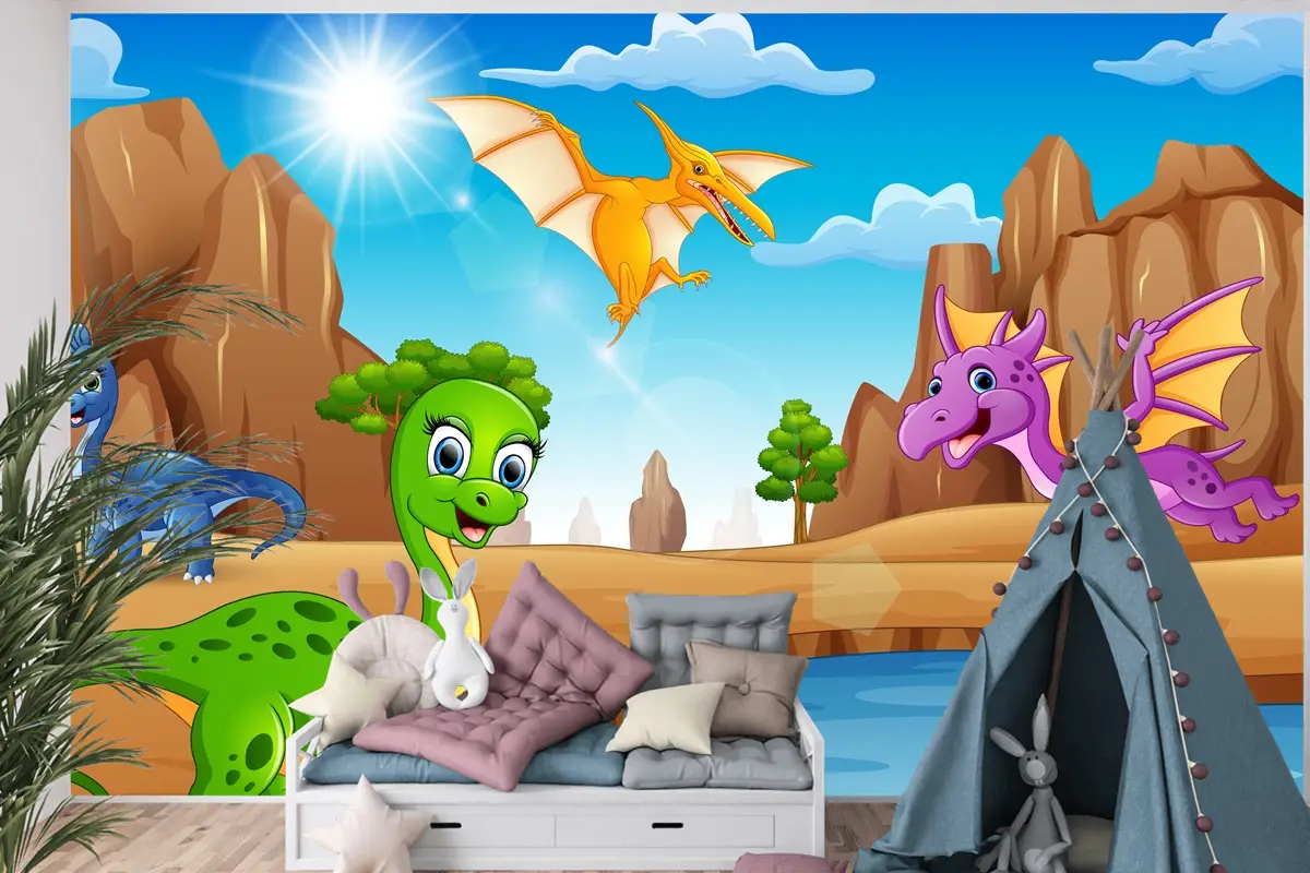 Çölde Yaşayan Karikatür Mutlu Dinozorlar Çocuk Odası Duvar Kağıdı