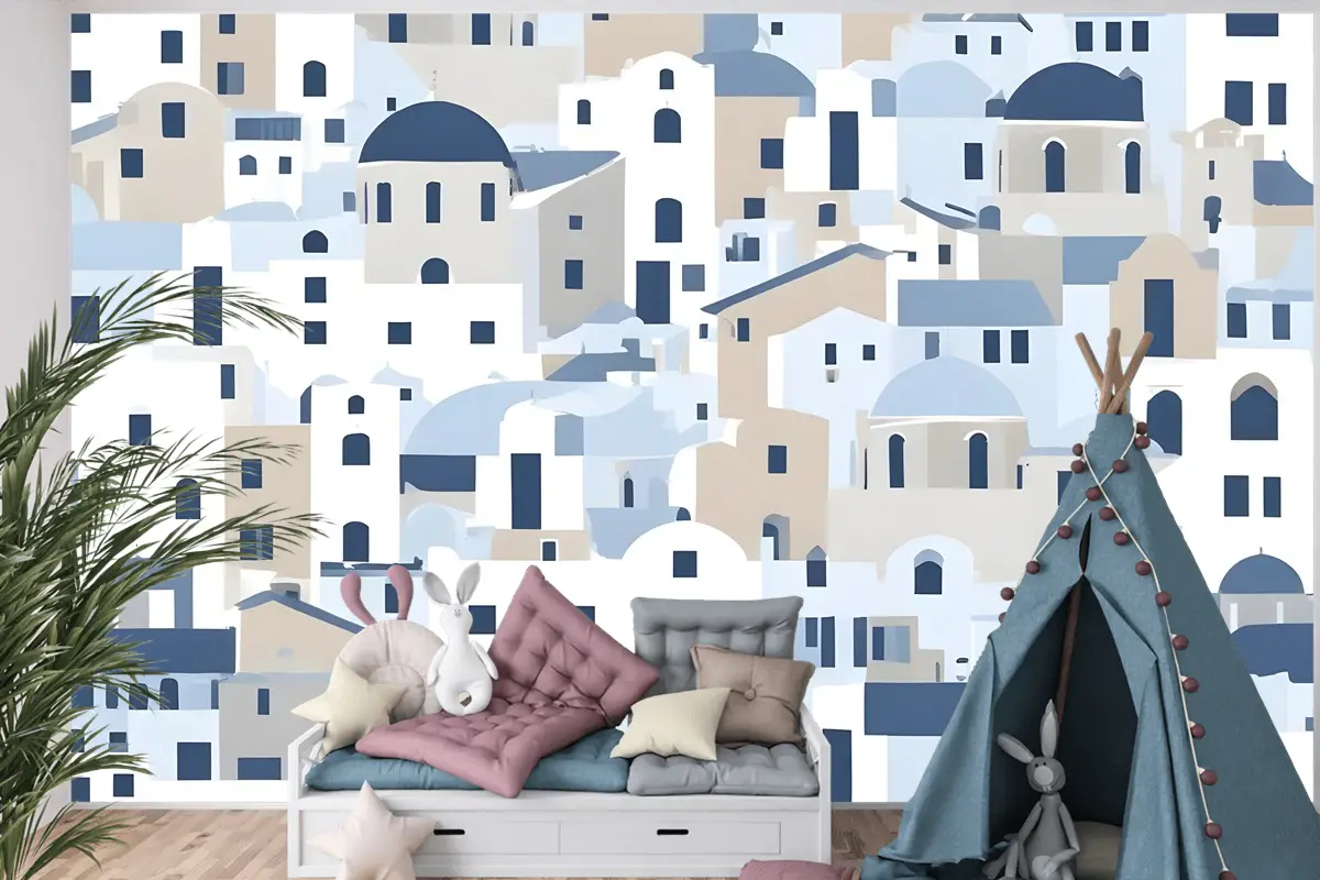 Karikatür Eski Mavi Yunan Evi Çocuk Odası Duvar Kağıdı