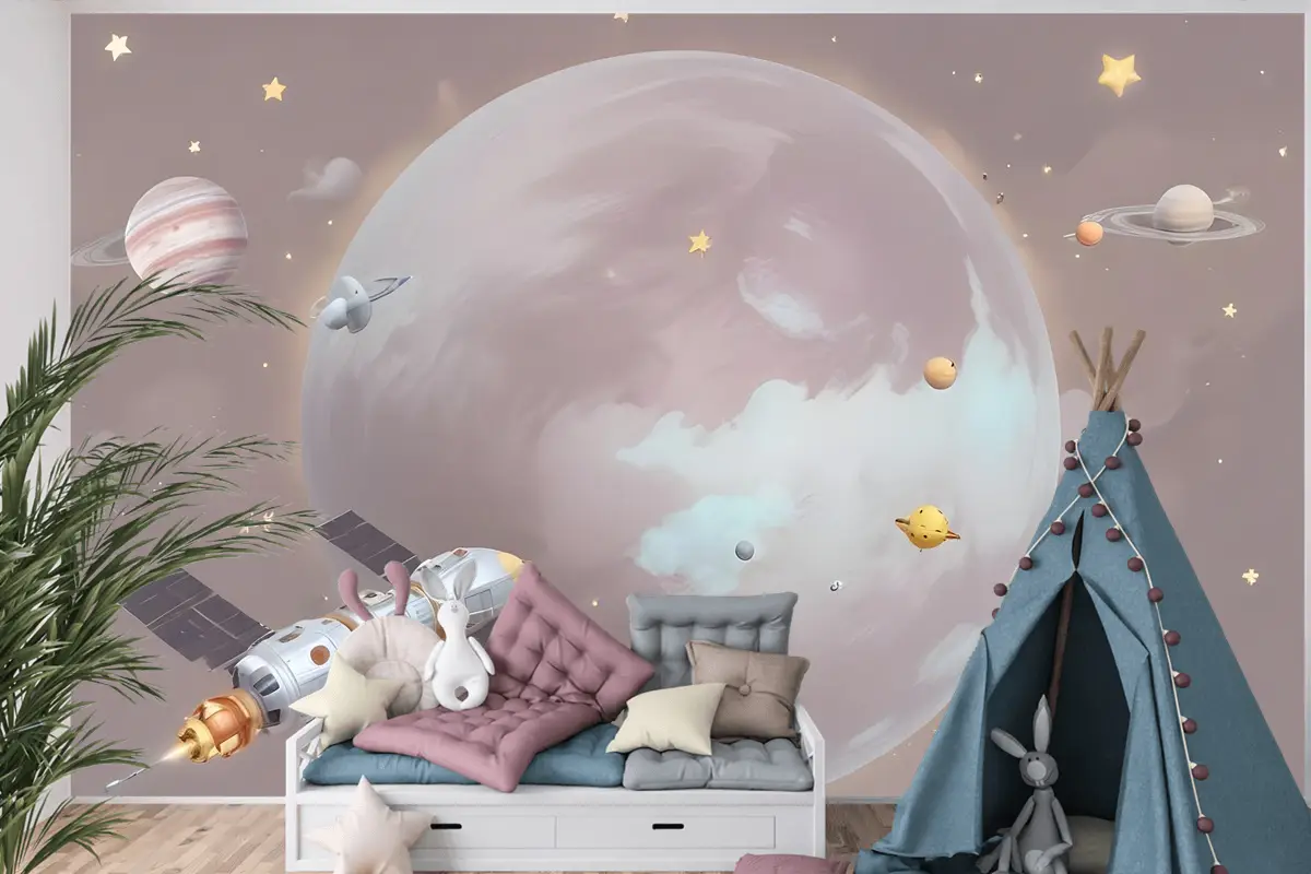 Karikatür Gezegenler Ve Yıldızlı Uzay Çocuk Odası Duvar Kağıdı