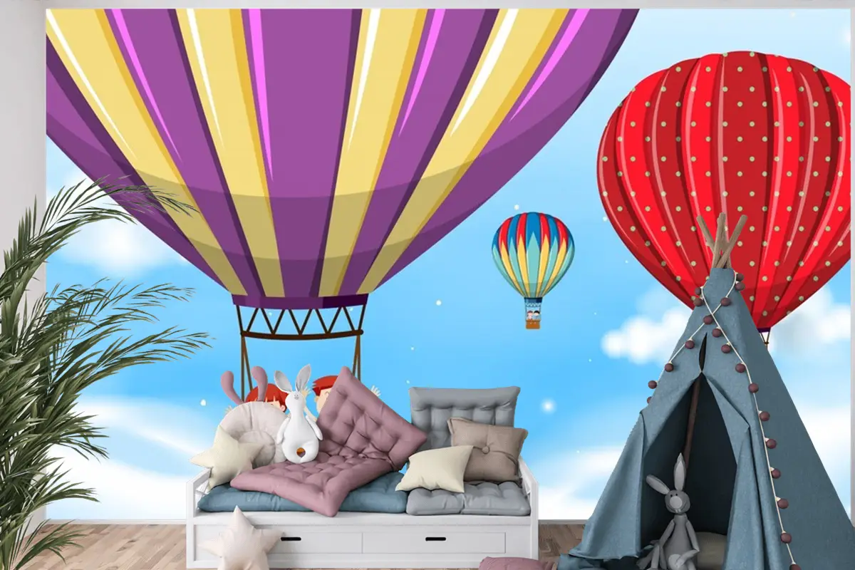 Sıcak Hava Balonuna Binen Çocuklar Çocuk Odası Duvar Kağıdı 