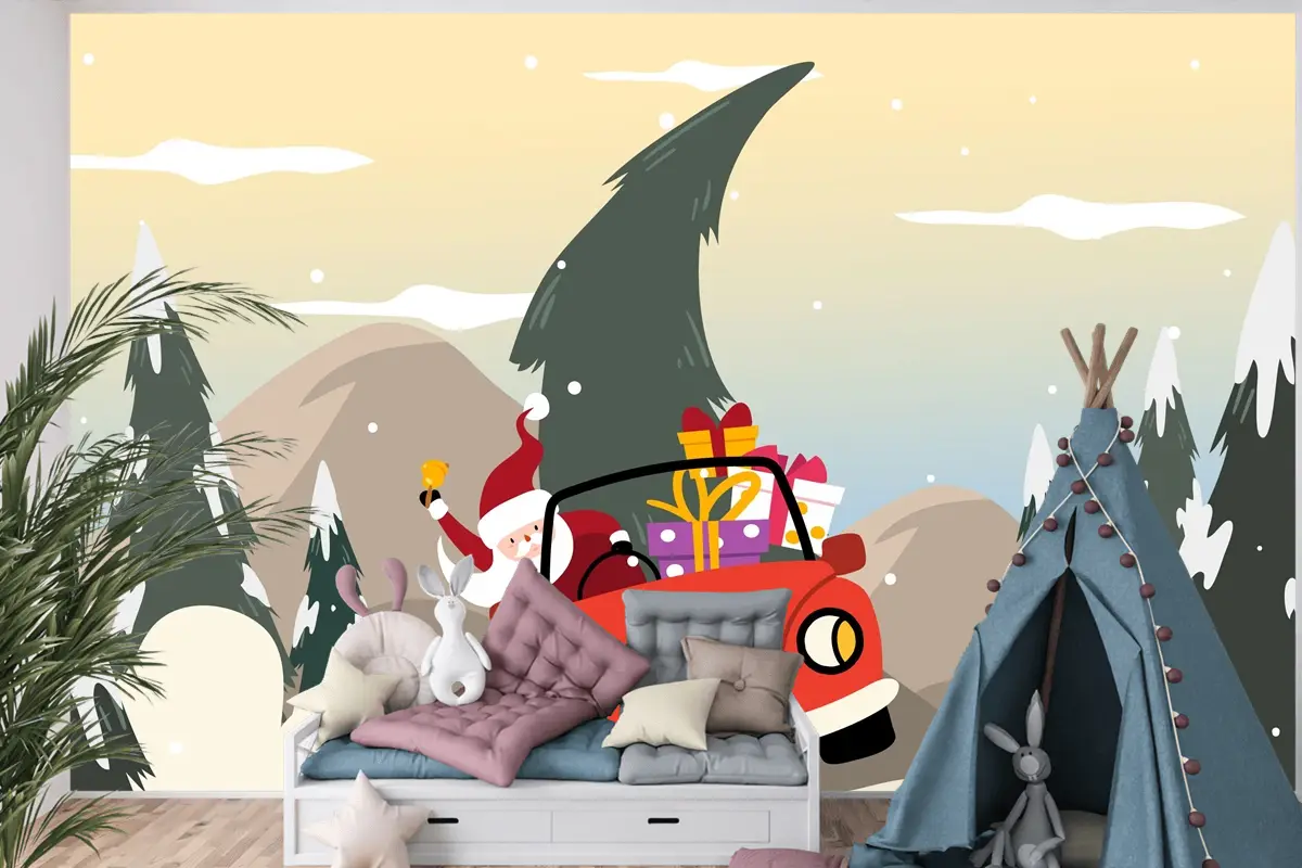 Düz Tasarım Çocuk Odası Duvar Kağıdı Duvarında Noel Arkaplanı