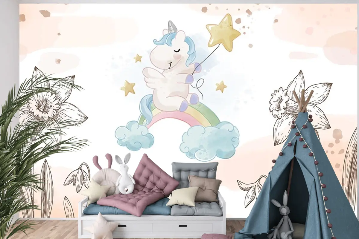 Çiçekler Arasında Unicorn Çocuk Odası Duvar Kağıdı