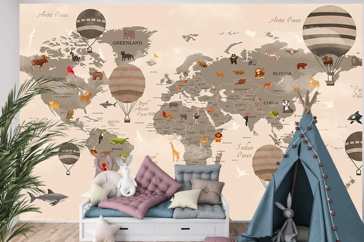 Çocuk Odaları Için Dünya Haritası Ve Balonlar Çocuk Odası Duvar Kağıdı