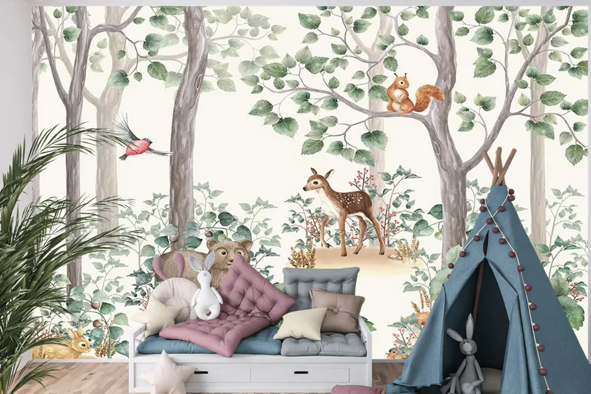 Çocuk Odaları Için Orman Ve Sevimli Hayvanlar Çocuk Odası Duvar Kağıdı
