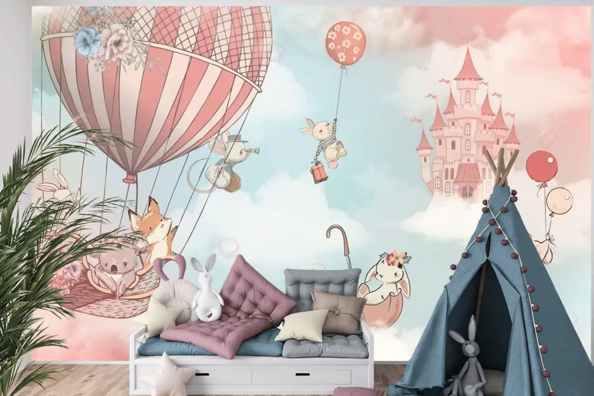 Bulutlu Çocuk Odası Duvar Kağıdı Gökyüzündeki Sevimli Hayvanlar