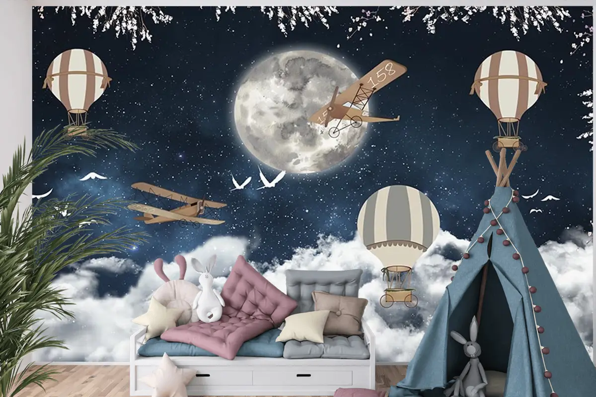 Çocuk Odası Duvar Kağıdı Ay Üzerinde Balonlar Ve Uçaklar