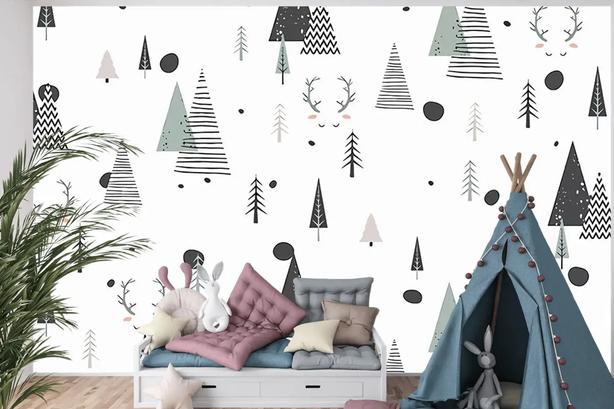 Çam Ağaçları Beyaz Arka Plan Çocuk Bebek Odası Duvar Kağıdı