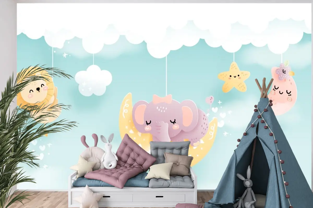 Çocuk Odası Duvar Kağıdı Bulut Üzerinde Sevimli Hayvanlar