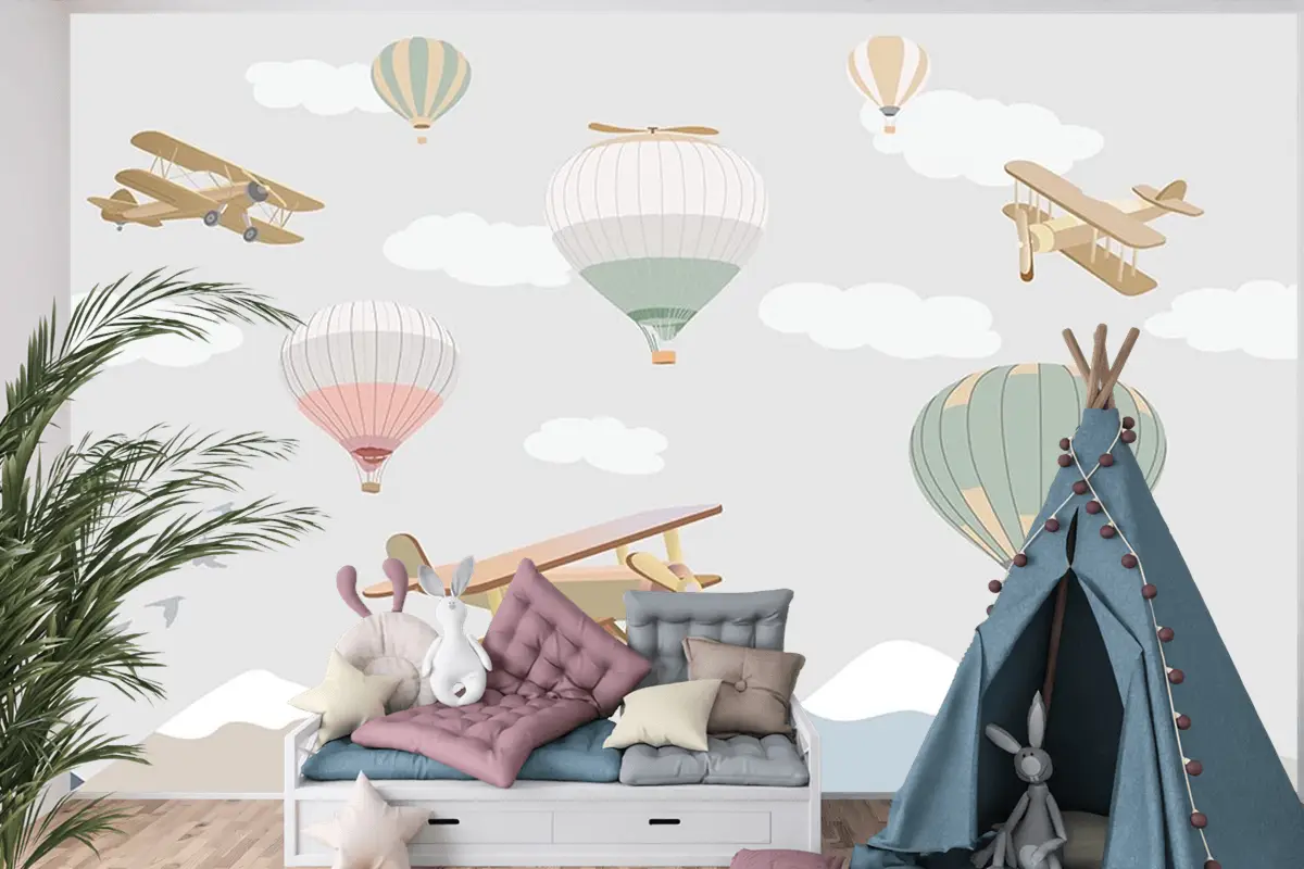 Çocuk Odası Duvar Kağıdı Bulutlar Üzerinde Uçaklar Ve Uçan Balonlar