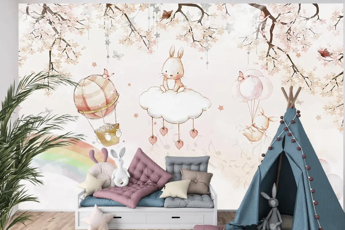 Çocuk Odası Duvar Kağıdı Gökyüzünde Sevimli Tavşanlar