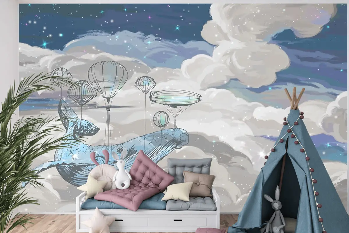 Çocuk Odası Duvar Kağıdı Gökyüzünde Uçan Balina