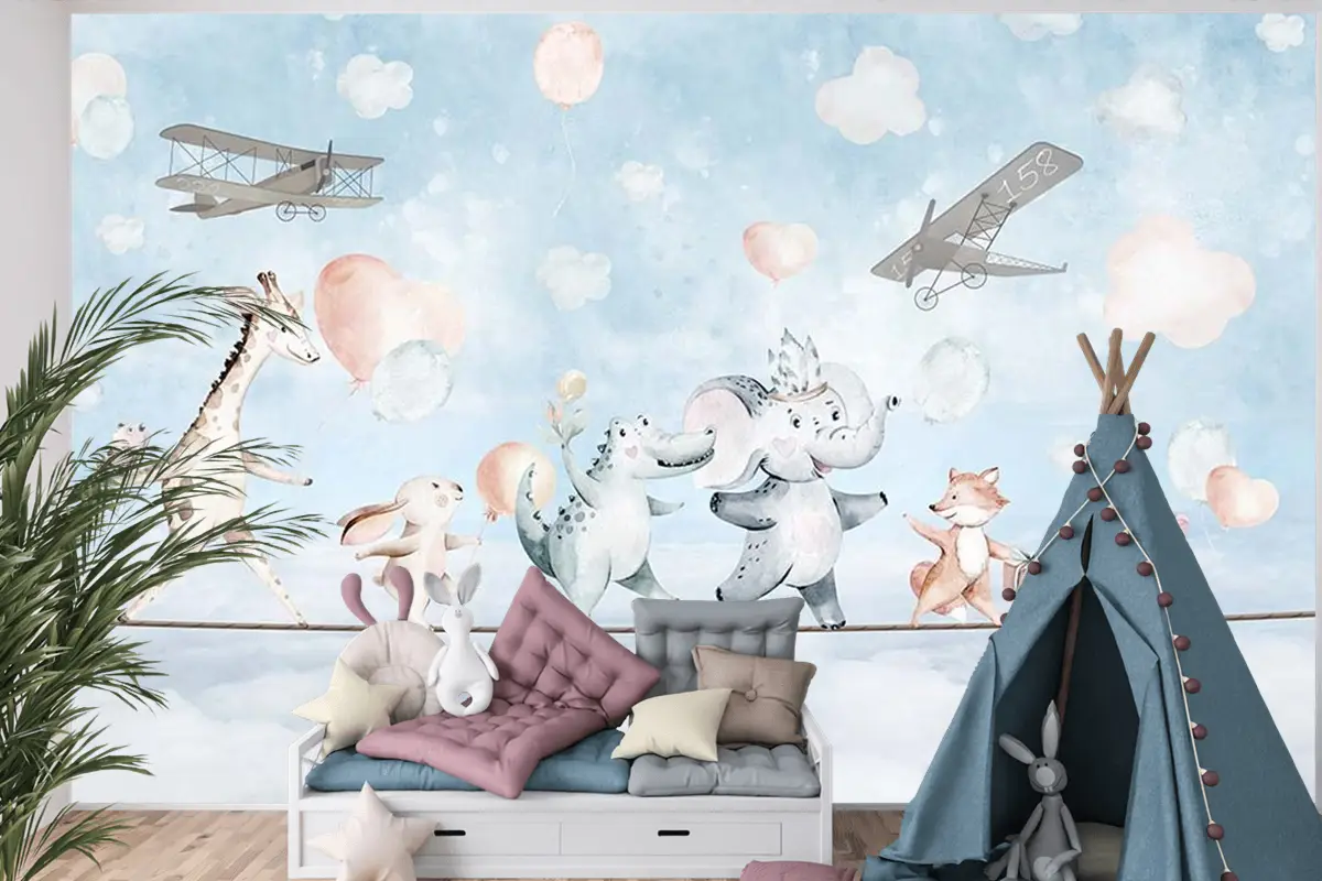 Çocuk Odası Duvar Kağıdı Ip Üzerinde Hayvanlar
