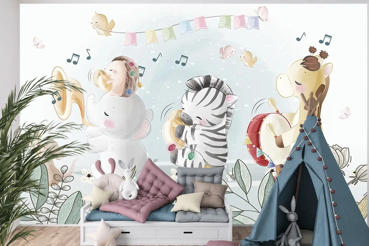 Çocuk Odası Duvar Kağıdı Müzik Çalan Sevimli Hayvanlar